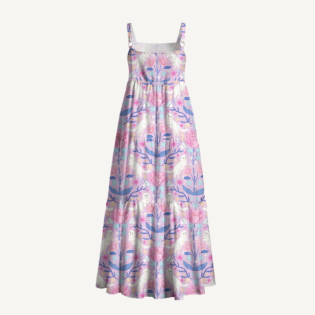 Cute White Cat Print Wide Straps Maxi Dress With Pockets