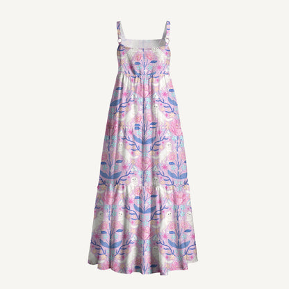 Cute White Cat Print Wide Straps Maxi Dress With Pockets
