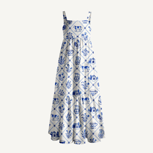 Country Delft Blue Patchwork Print Wide Straps Maxi Dress With Pockets