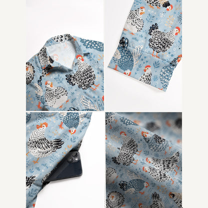 V Neck Collared Chickens Blue Print Casual Midi Dress With Pockets