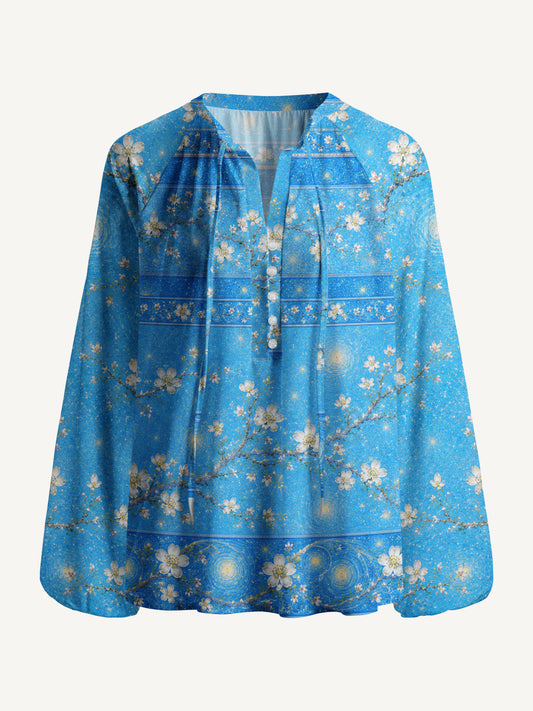Night Garden Starry Print Boho Long Sleeve Tie‑Neck Blouse