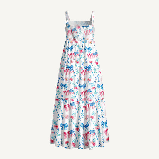Pastel USA Flag Print Wide Straps Maxi Dress With Pockets
