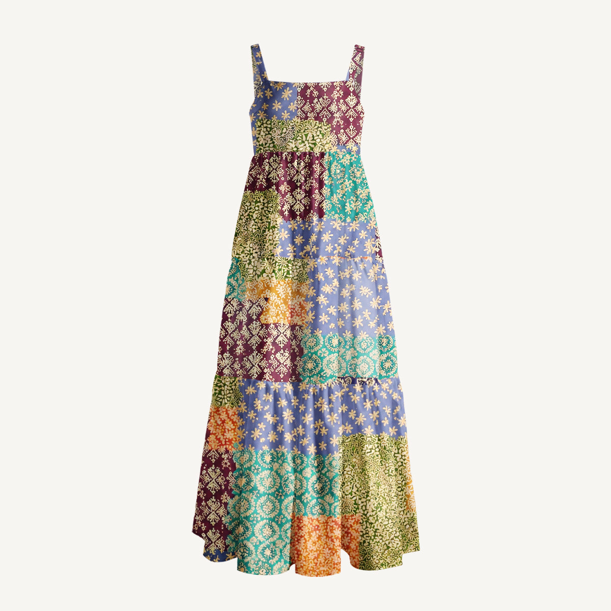 Vintage Patchwork Print Wide Straps Maxi Dress With Pockets