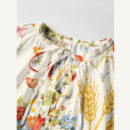 Rustic Duck Meadow Print Boho Long Sleeve Tie‑Neck Smock Mini Dress