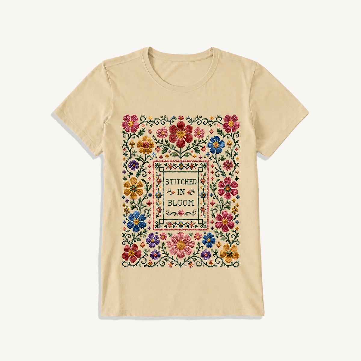 Blooming Folk Floral Cross-Stitch Print Crew Neck Cotton Tee