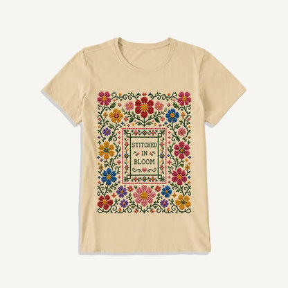 Blooming Folk Floral Cross-Stitch Print Crew Neck Cotton Tee