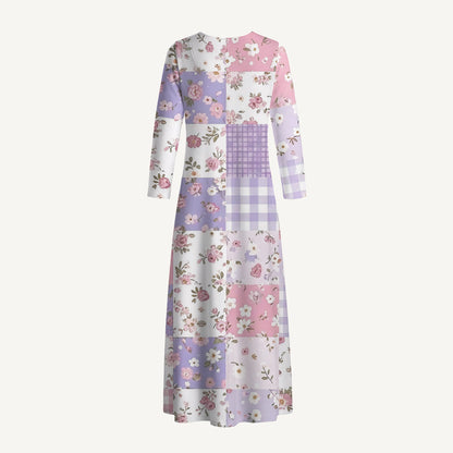 Sweet Cottage Patchwork Print Soft-Touch Stretch Knit Long Sleeve Maxi Dress with Pockets