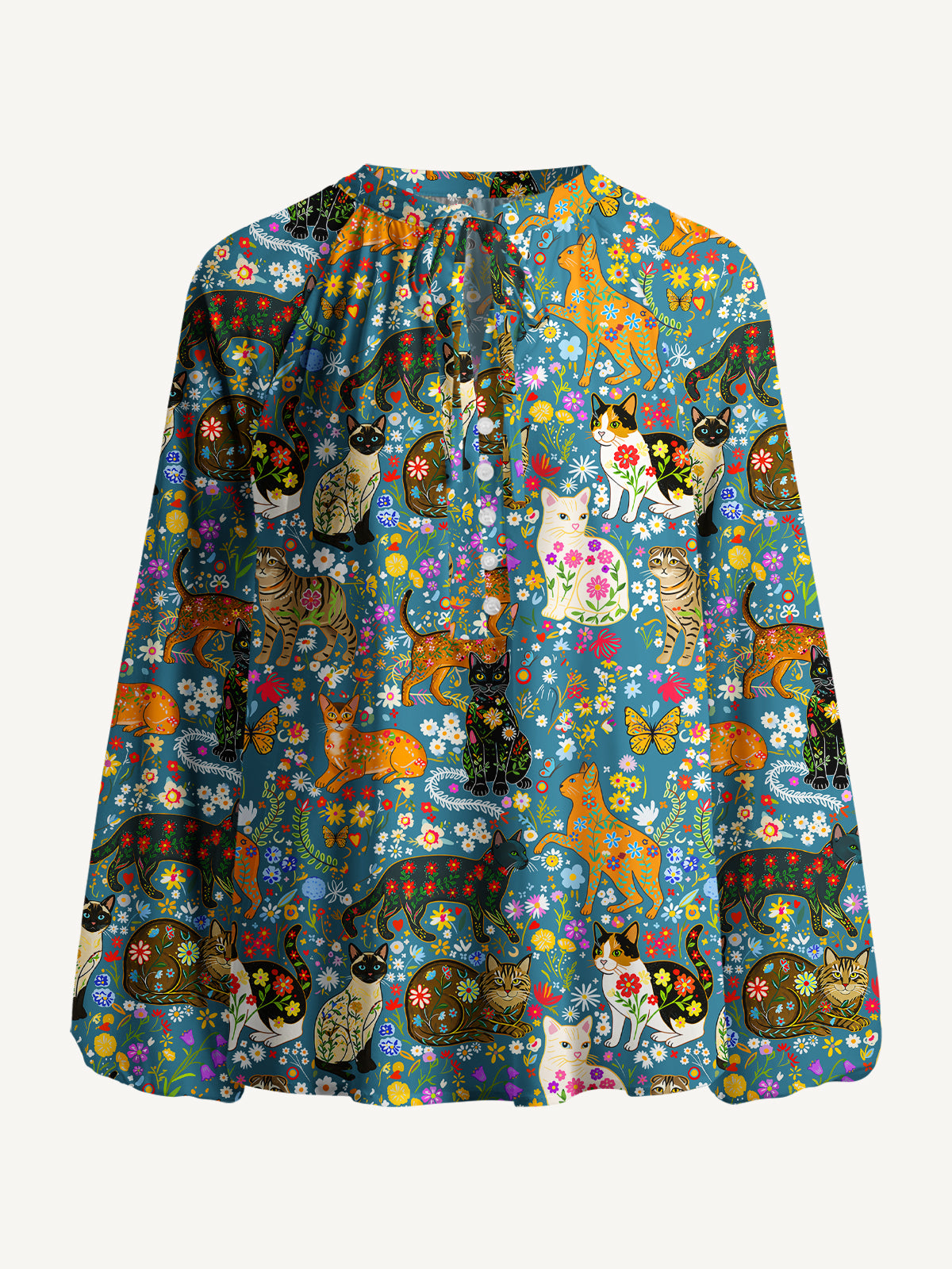 Colorful Garden Cat Pattern Print Boho Long Sleeve Tie‑Neck Blouse
