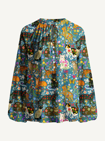 Colorful Garden Cat Pattern Print Boho Long Sleeve Tie‑Neck Blouse