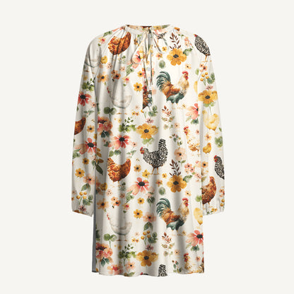 Watercolor Chicken Floral Print Boho Long Sleeve Tie‑Neck Smock Mini Dress