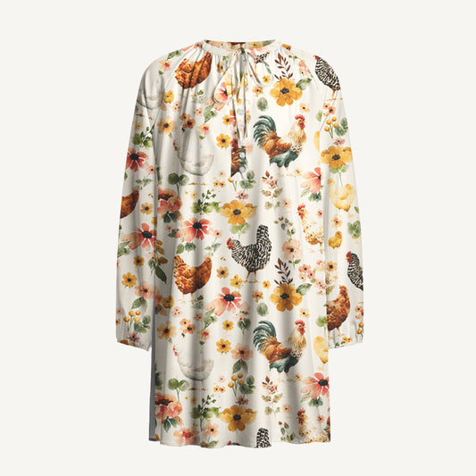 Watercolor Chicken Floral Print Boho Long Sleeve Tie‑Neck Smock Mini Dress