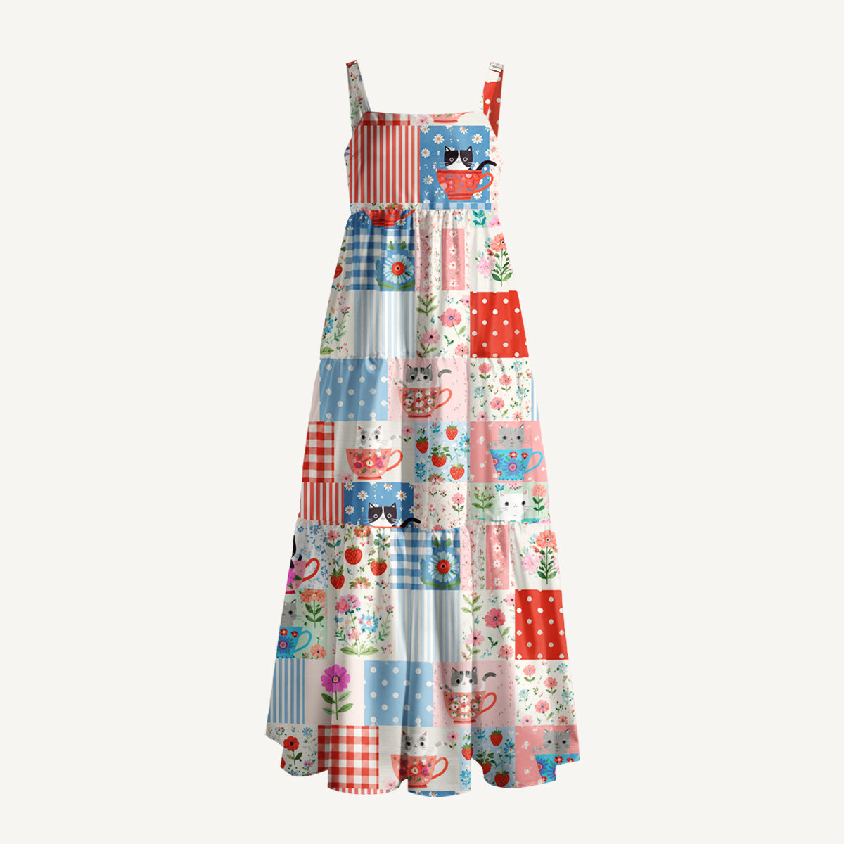 Teatime Kitty Patchwork Print Wide Straps Maxi Dress With Pockets