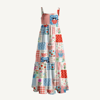 Teatime Kitty Patchwork Print Wide Straps Maxi Dress With Pockets
