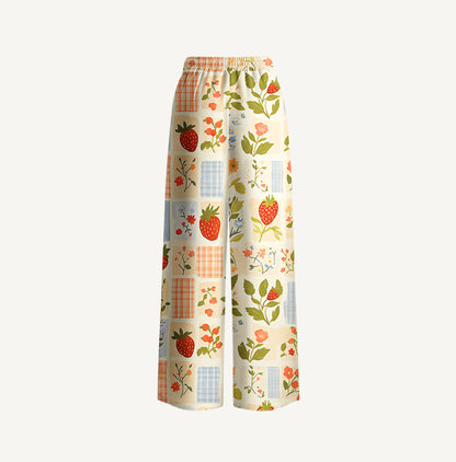 Strawberry Garden Patchwork Print Wide Leg Tie Waist Pants With Pockets