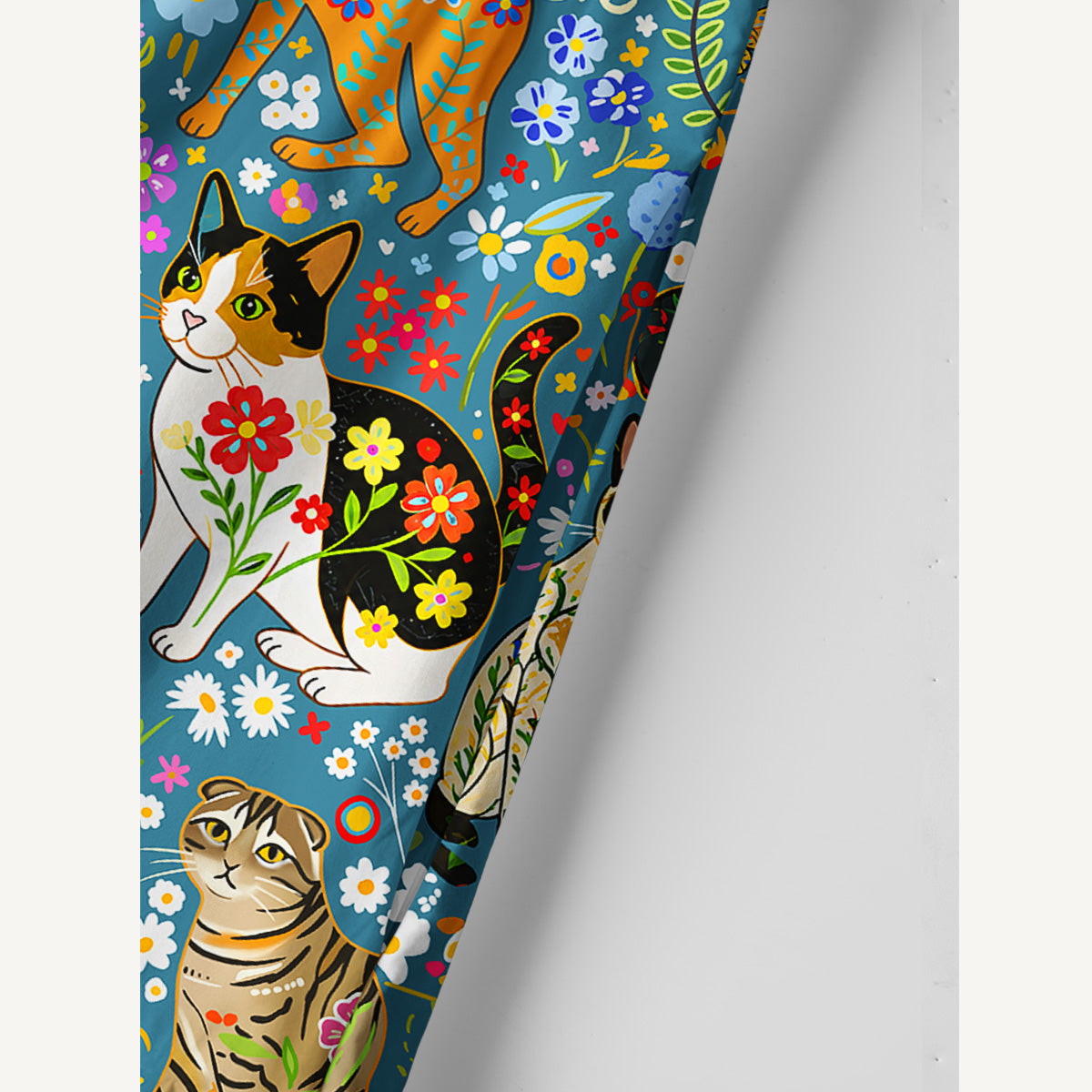 Colorful Garden Cat Pattern Print Cotton Wide Straps Maxi Dress With Pockets
