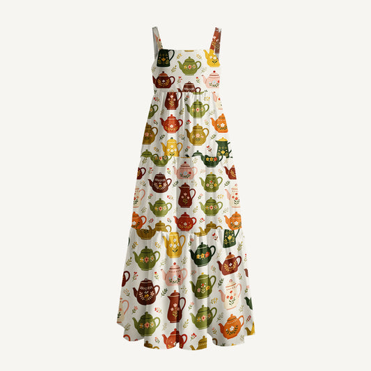 Tea Party Teapots Print Wide Straps Maxi Dress With Pockets