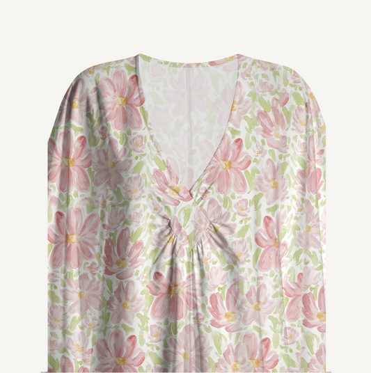 V‑Neck Cosmos Flower Kimono Sleeve Kaftan Dress
