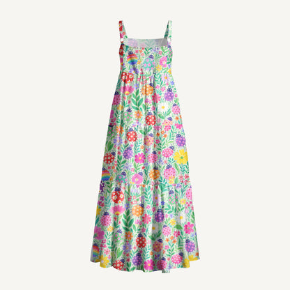 Happy Ladybug Floral Print Wide Straps Maxi Dress With Pockets
