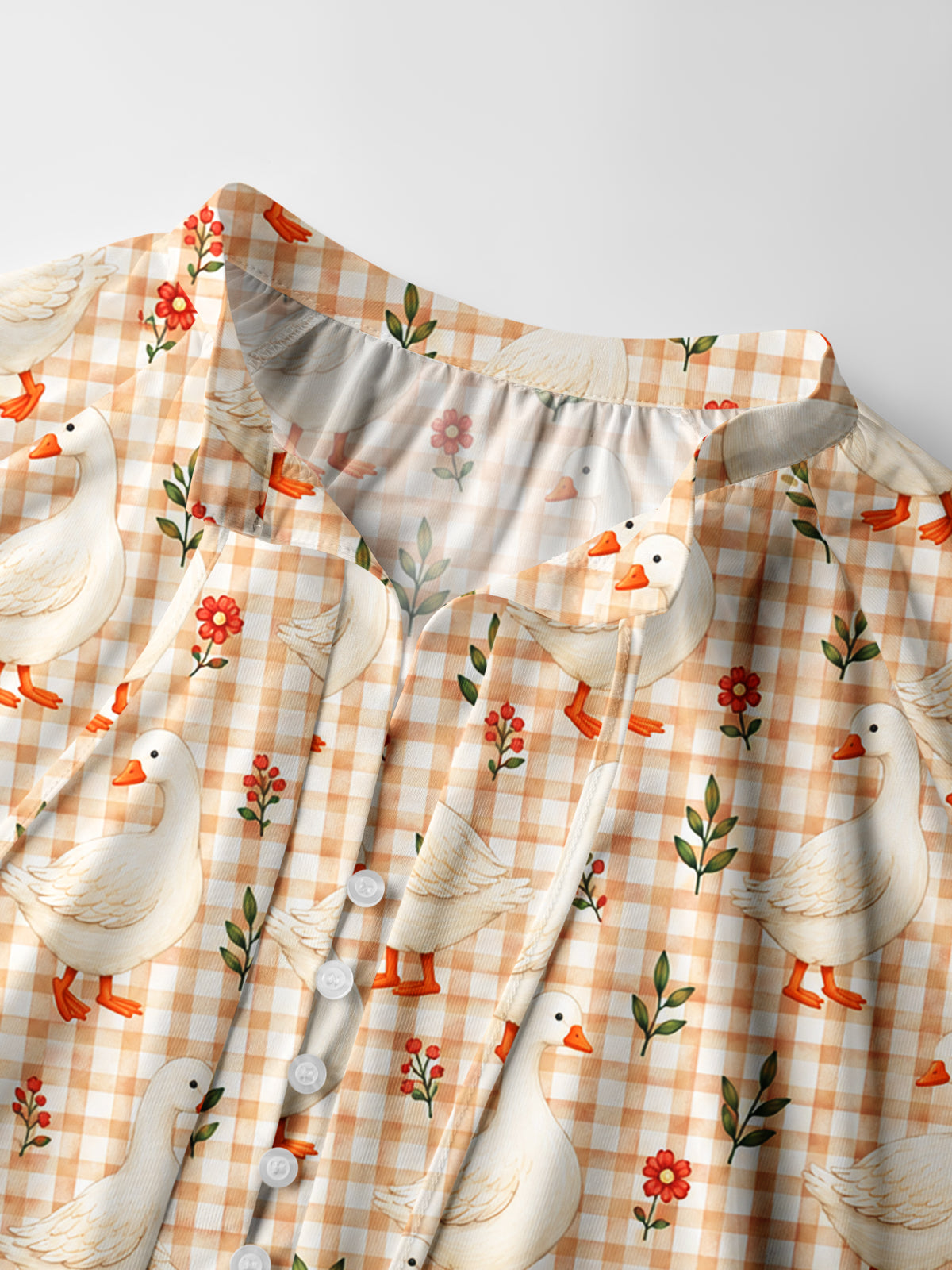 Country Gingham Garden Geese Print Boho Long Sleeve Tie‑Neck Blouse