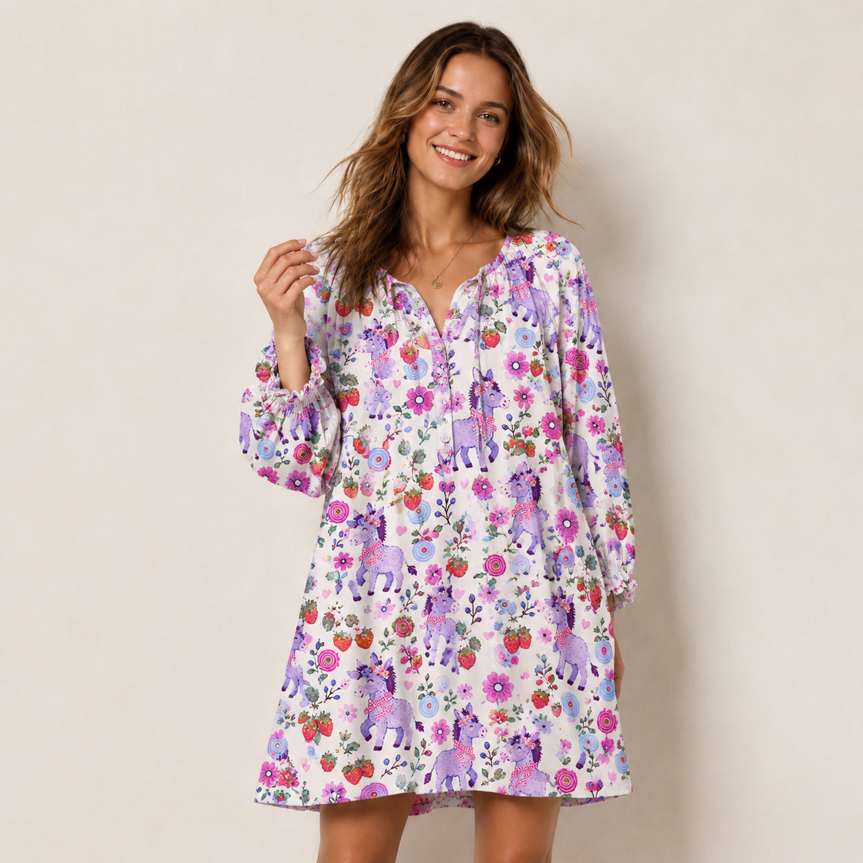 Strawberry Blossom Donkeys Print Boho Tie‑Neck Smock Mini Dress