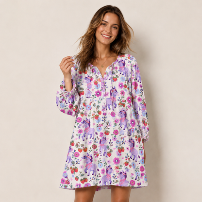 Strawberry Blossom Donkeys Print Boho Tie‑Neck Smock Mini Dress