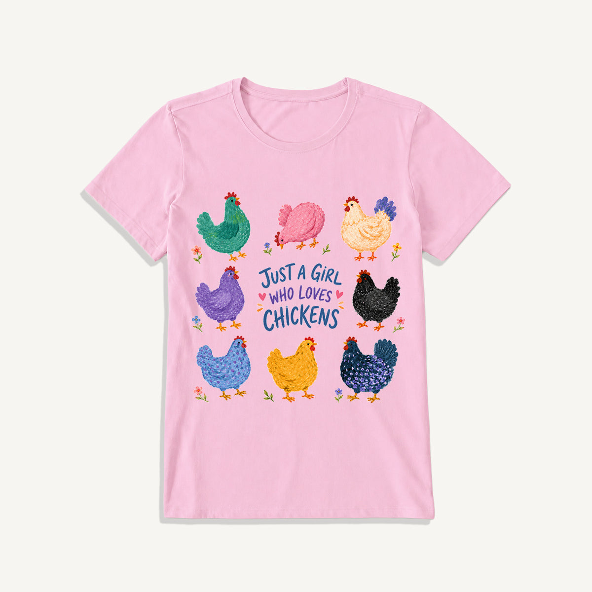 Colorful Chicken Garden Print Crew Neck Cotton Tee