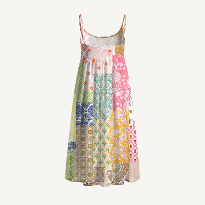 Colorful Bohemian Patchwork Print Spaghetti Strap Mini Dress