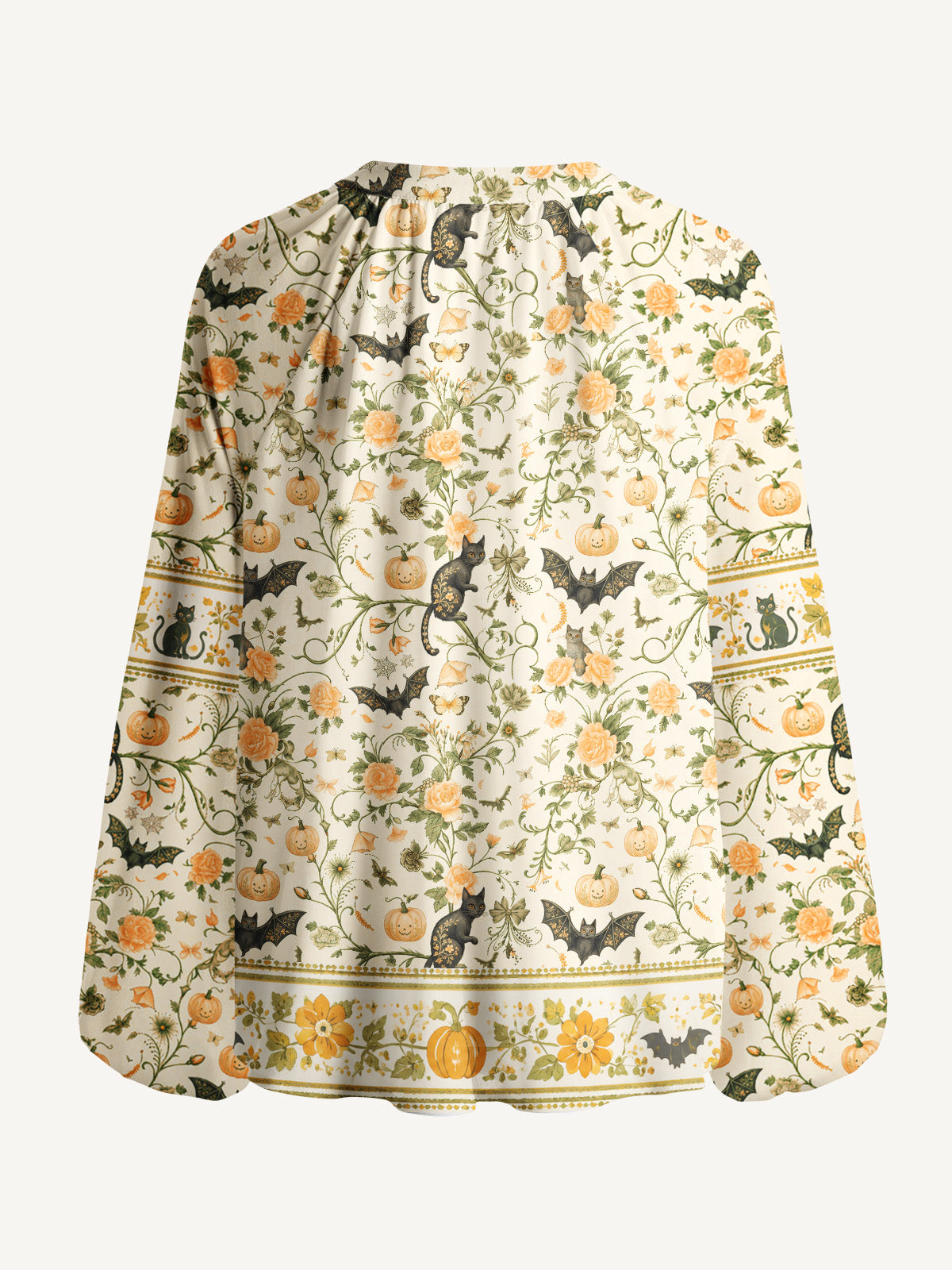 Pastoral Pumpkin Cat Print Boho Long Sleeve Tie‑Neck Blouse