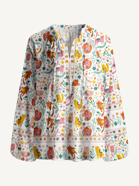 Floral Cozy Cat Print Boho Long Sleeve Tie‑Neck Blouse
