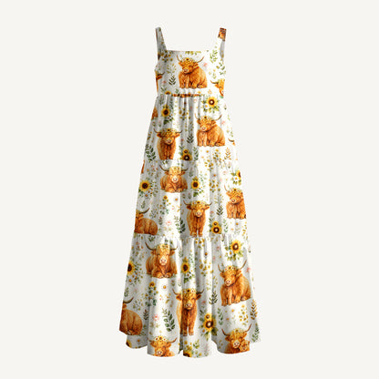 Spring Highland Cow Floral Print Wide Straps Maxi Dress With Pockets