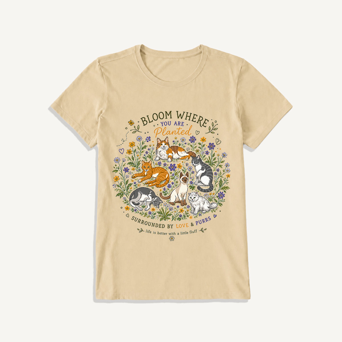 Blooming Cats & Wildflowers Print Crew Neck Cotton Tee
