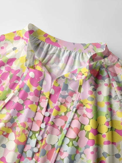 Floral Candy Confetti Print Boho Long Sleeve Tie‑Neck Blouse