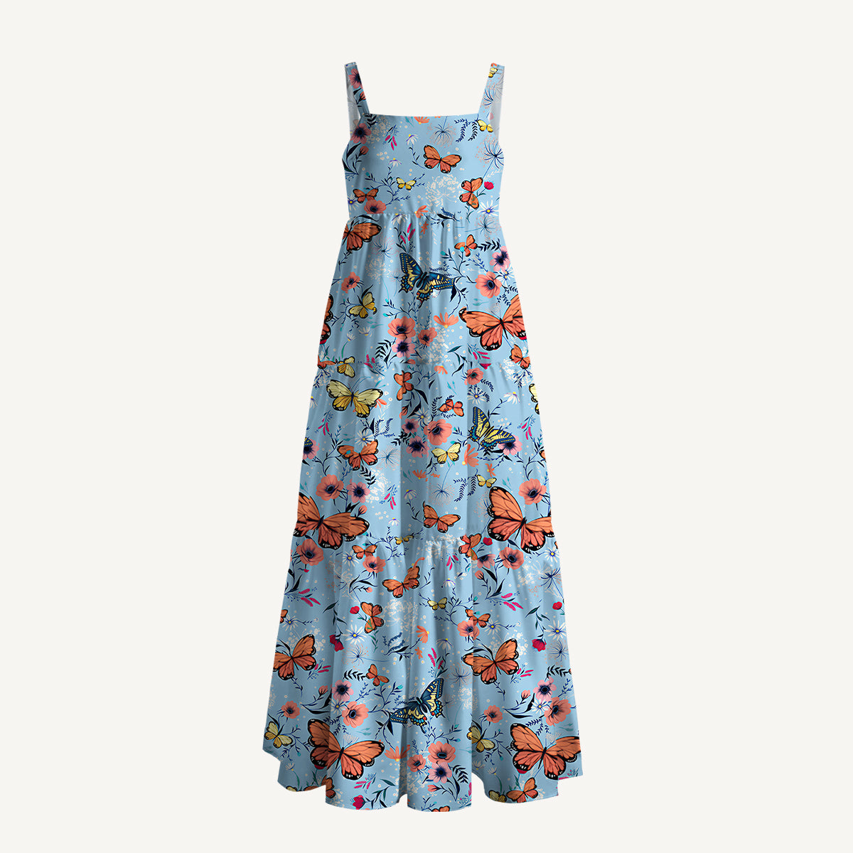 Butterfly Blossom Printed Wide Straps Maxi Dress With Pockets