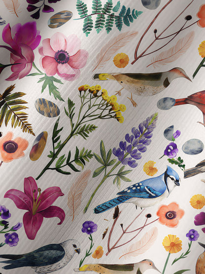 Whimsical Woodland Birds Wildflowers Print Boho Long Sleeve Tie‑Neck Blouse