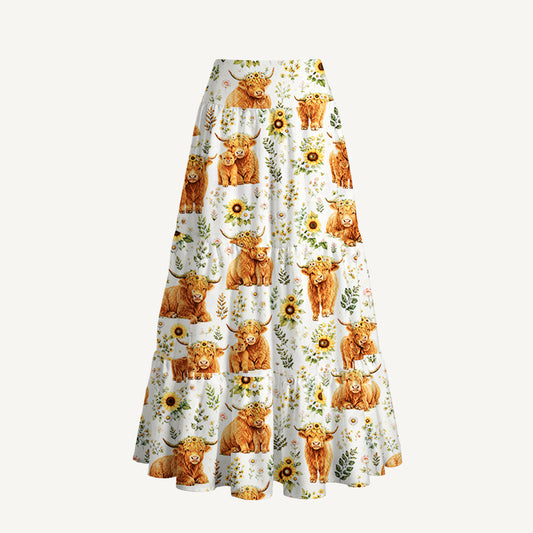 Spring Highland Cow Floral Print Convertible Maxi Skirt & Strapless Dress