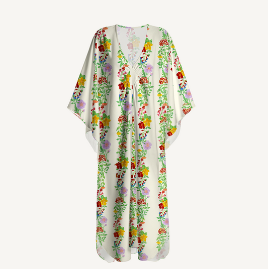 V‑Neck Blossom Trail Kimono Sleeve Kaftan Dress