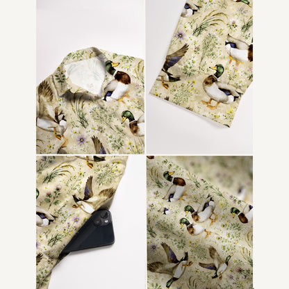 Watercolor Mallard Ducks Print Casual Midi Dress With Pockets