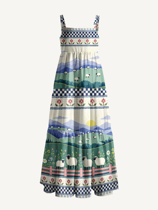 Mountain Meadow Sheep Print Wide Straps Maxi Dress With Pockets