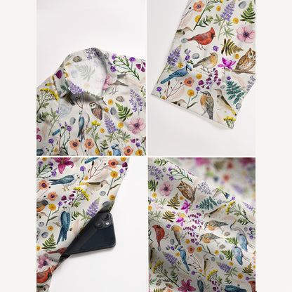 V Neck Collared Whimsical Woodland Birds Wildflowers Print Casual Midi Dress With Pockets