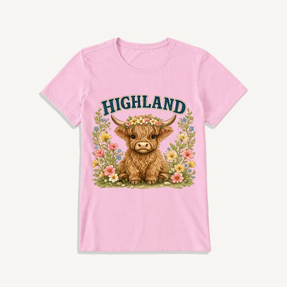 Highland Cow Wildflower Print Crew Neck Cotton Tee