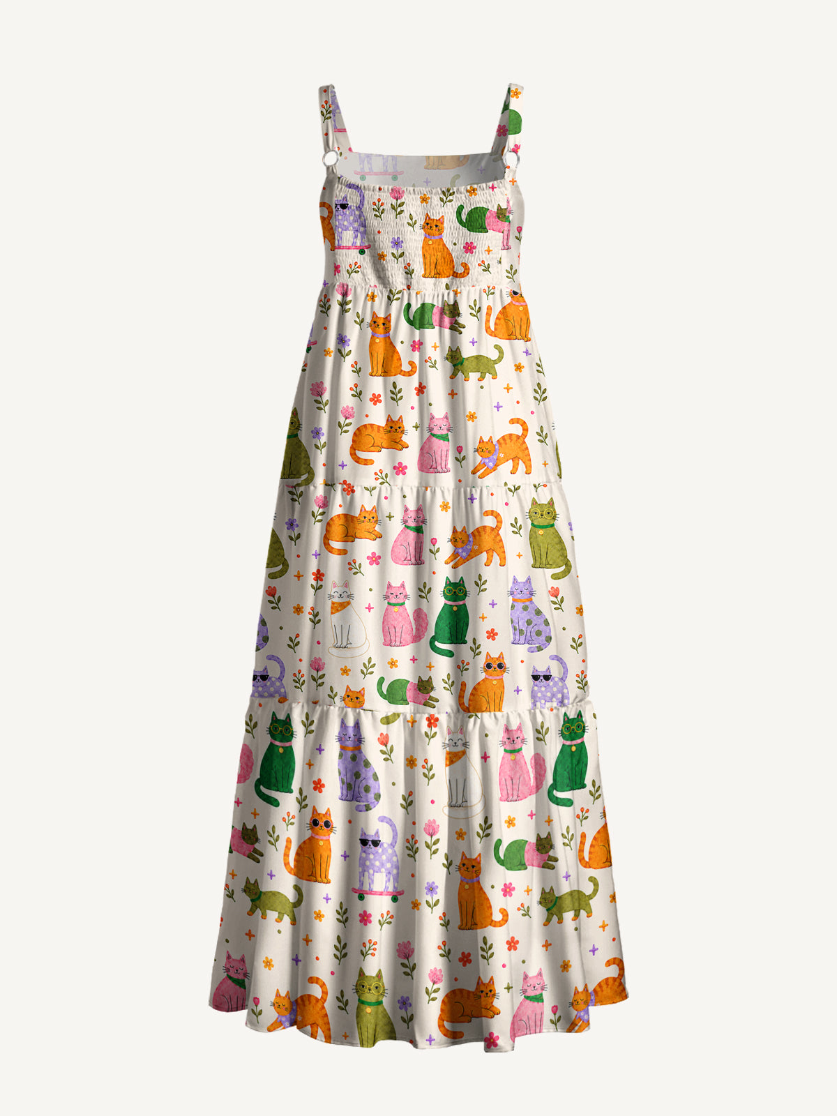 Whimsical Cat & Garden Blooms Print Wide Straps Maxi Dress With Pockets