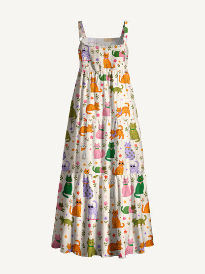 Whimsical Cat & Garden Blooms Print Wide Straps Maxi Dress With Pockets