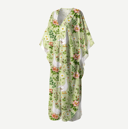 Pastoral Goose Garden Print Kimono Sleeve Kaftan Dress