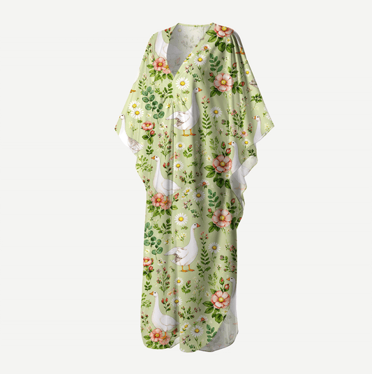 Pastoral Goose Garden Print Kimono Sleeve Kaftan Dress