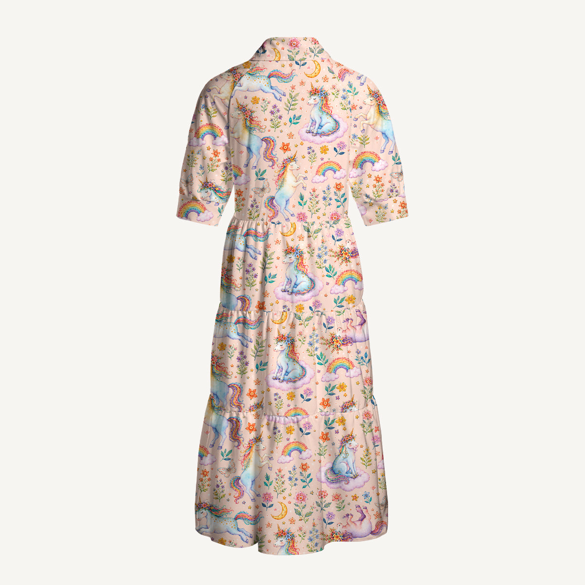 V Neck Collared Unicorn Bloom Fantasy Print Quilt Print Casual Midi Dress With Pockets