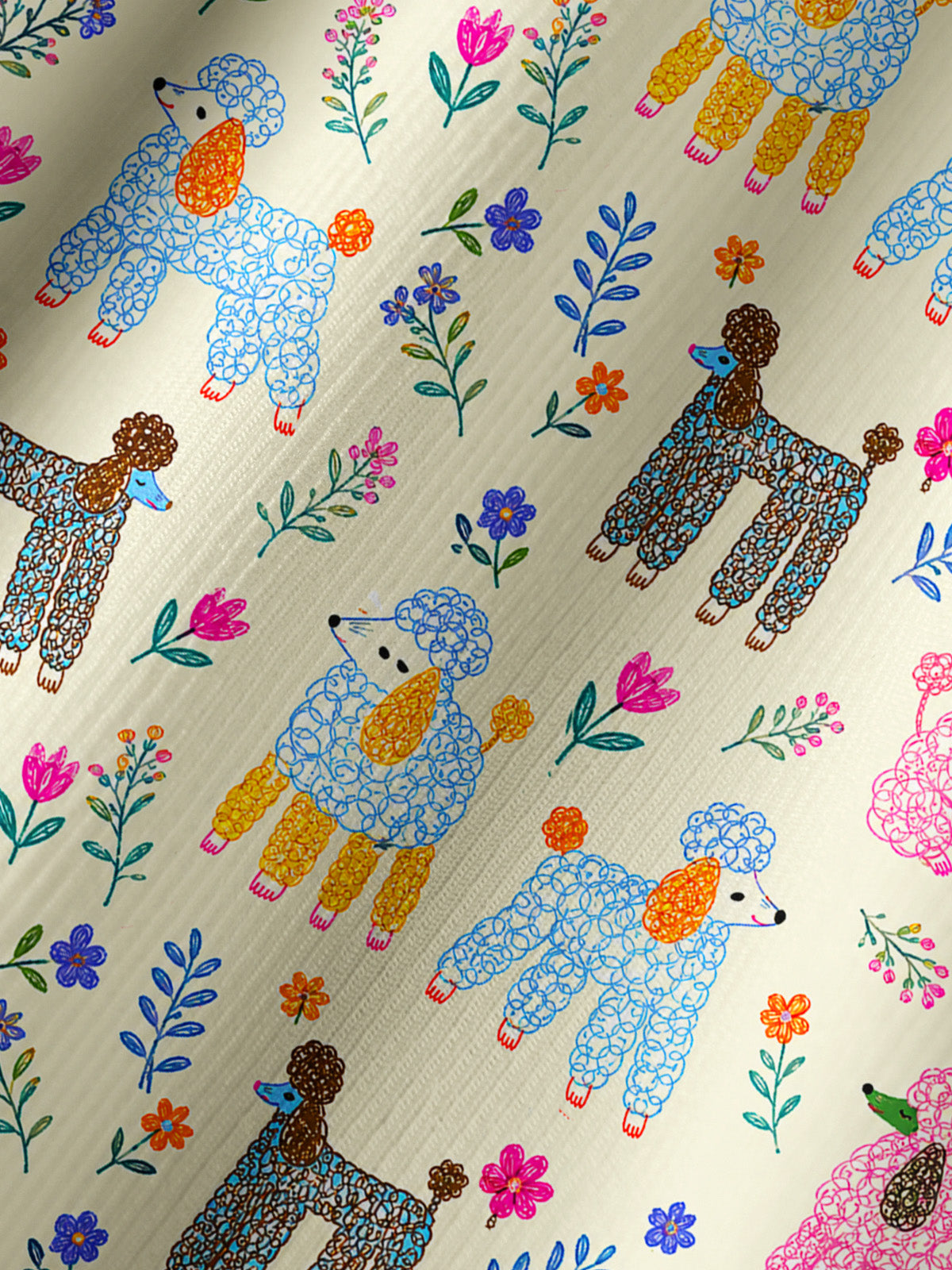 Whimsical Garden Poodles Pattern Print Boho Long Sleeve Tie‑Neck Blouse