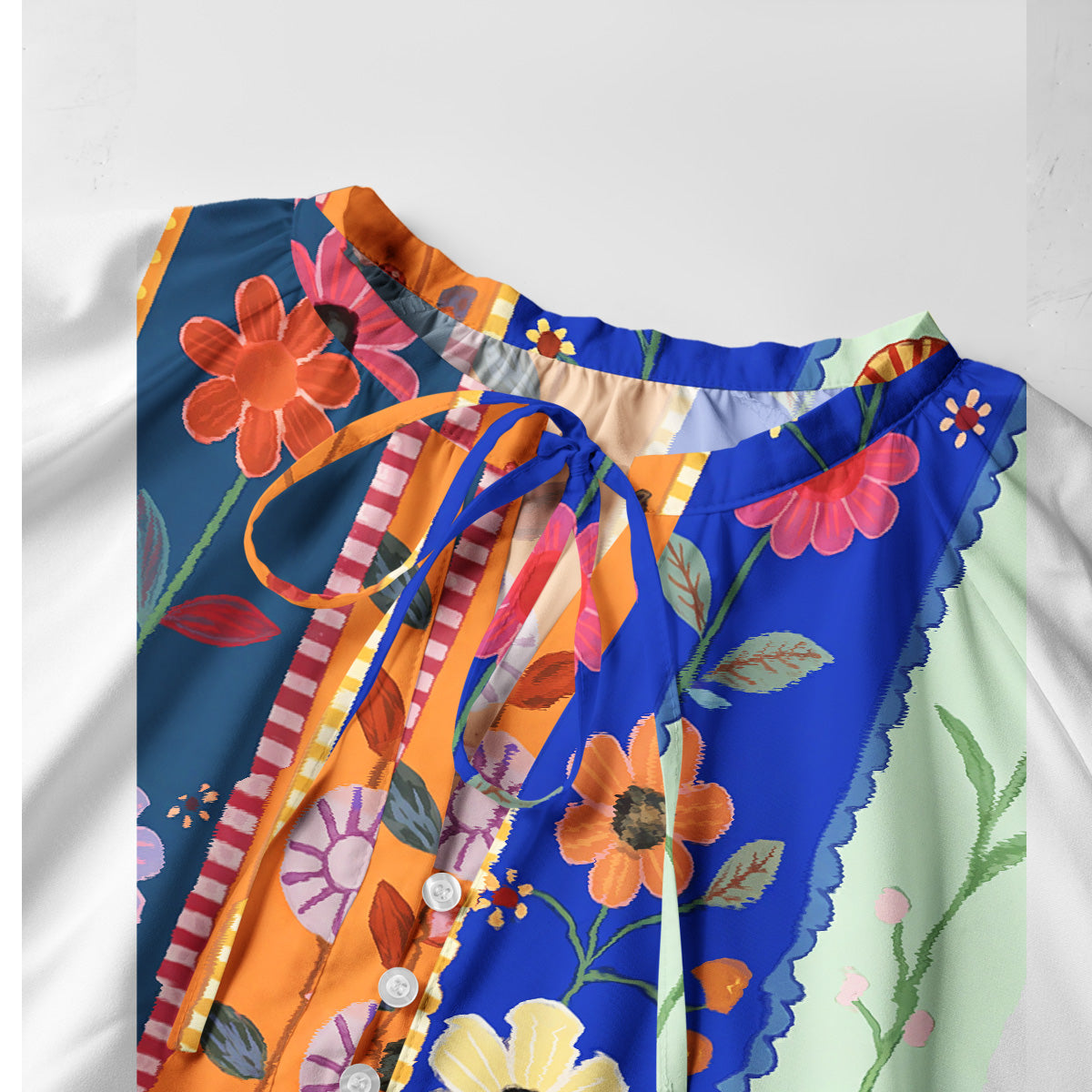 Rainbow Garden Colorblock Print Boho Long Sleeve Tie‑Neck Smock Mini Dress