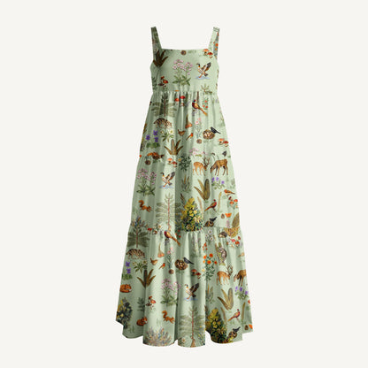 Forest Animal Garden Print Wide Straps Maxi Dress With Pockets