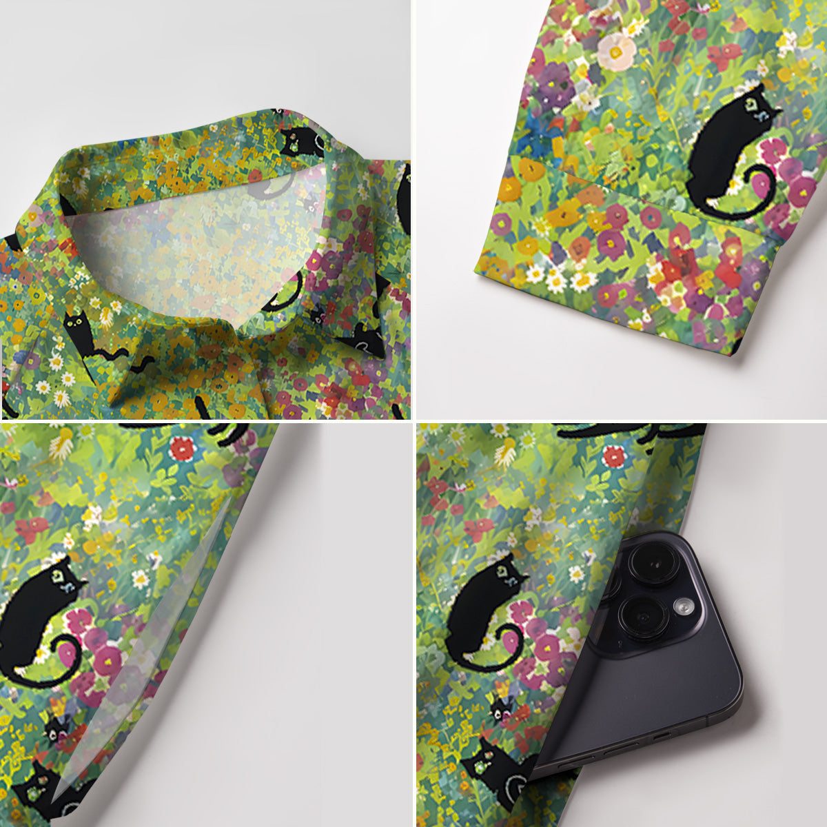 V Neck Collared Wildflower Garden Black Cat Mini Dress For Women With Pockets