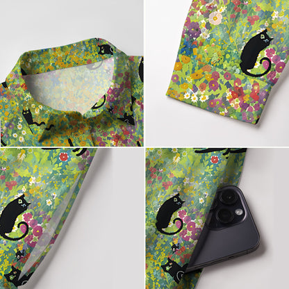 V Neck Collared Wildflower Garden Black Cat Mini Dress For Women With Pockets